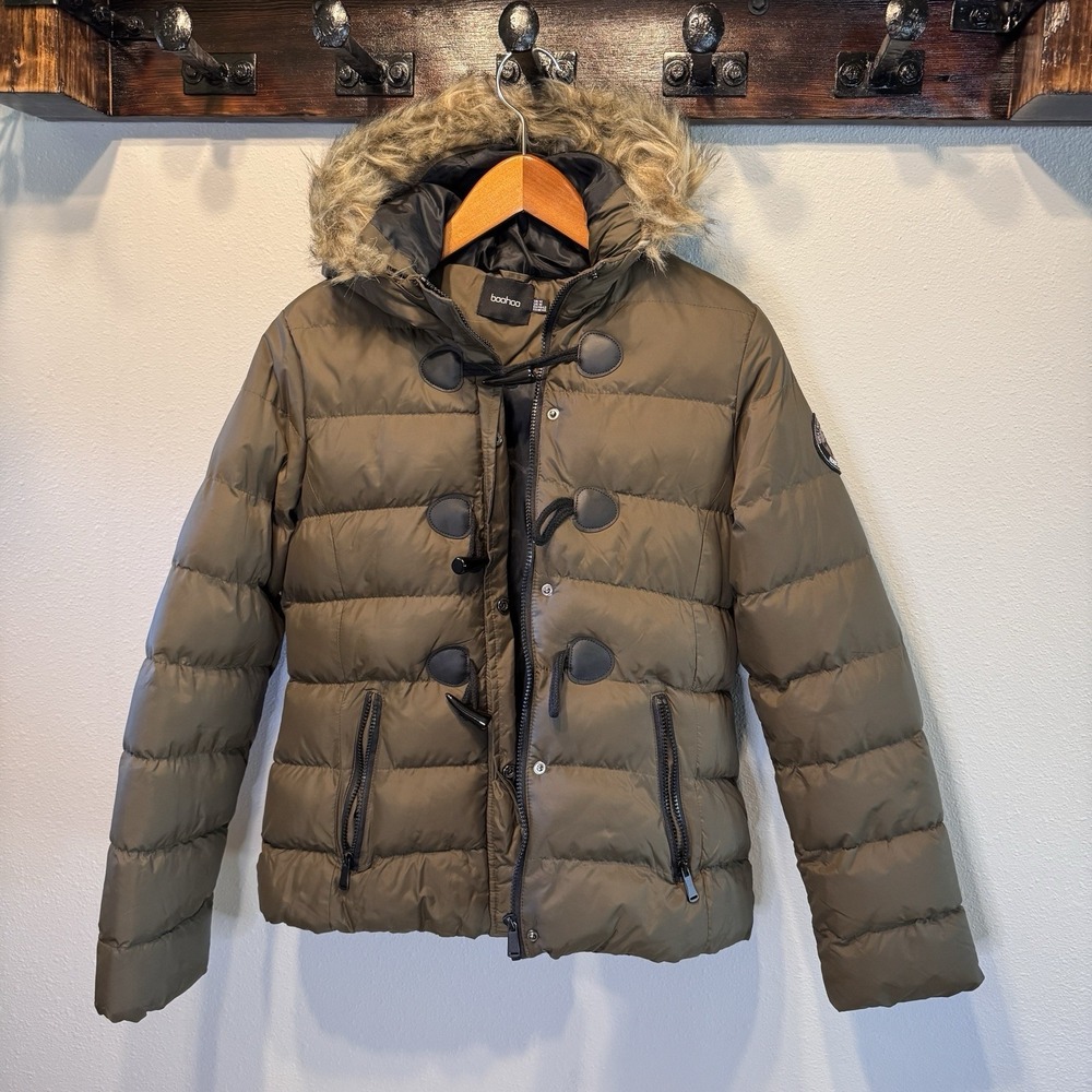Boohoo Olive Green Puffer Jacket Women's 10 L – Fur Hood Toggle Coat